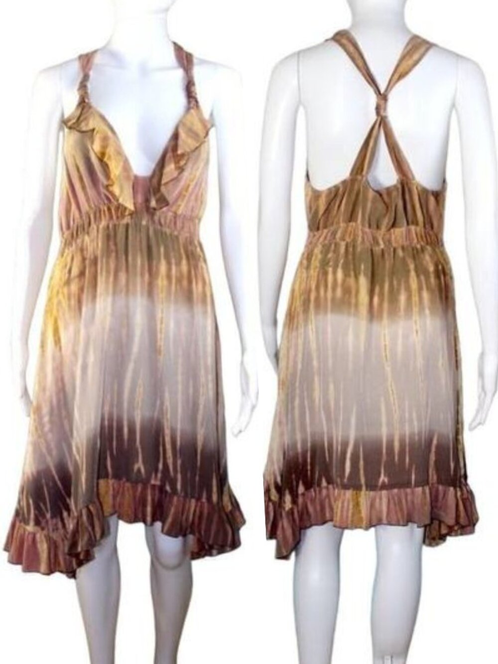 Hale Bob Cabana 100 % Silk Tie Dye Cabana Dress M Ruffle Boho Luxury NWOT